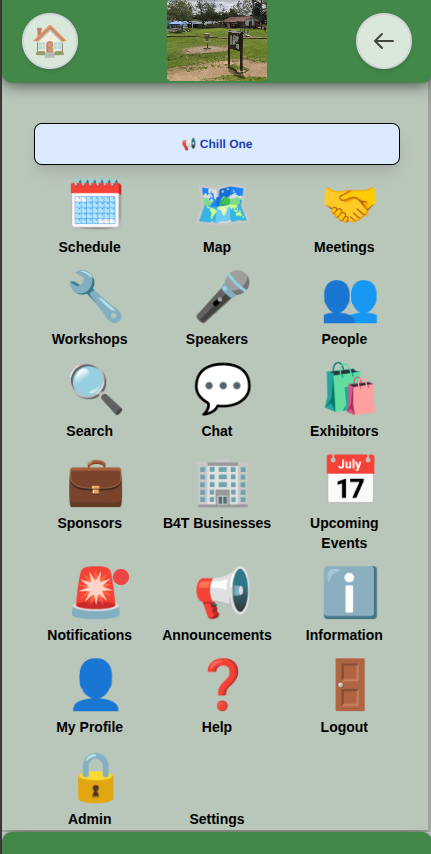 The Eventable home screen: an icon grid linking to Schedule, Map, Meetings, Workshops, Speakers, People, Search, Chat, Exhibitors, Sponsors, Announcements, Information and more.