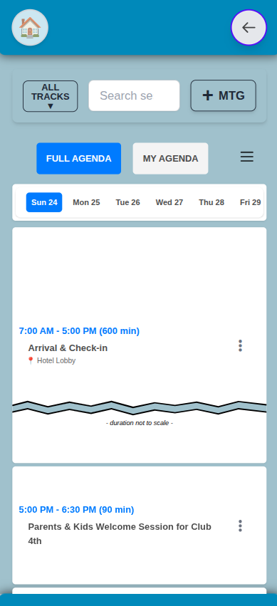 The Eventable schedule: a track filter, session search, day chips across the week, and a Full Agenda / My Agenda toggle above the day's sessions.